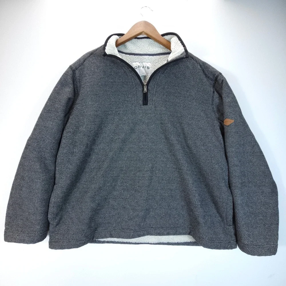 Orvis Pullover Mens XXL Gray Streetwear Sherpa Lined Quarter Zip Fleece Sweater‎